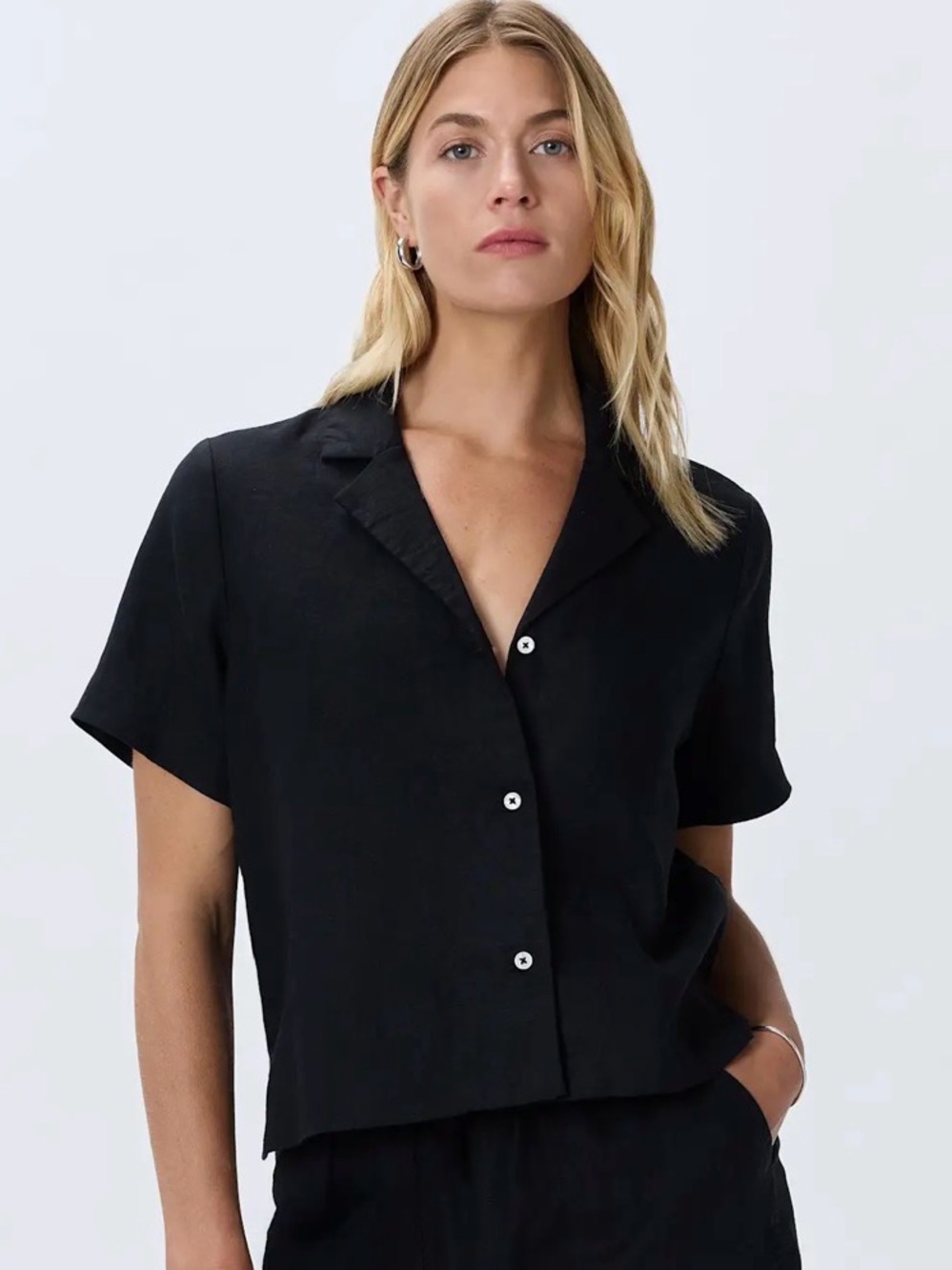 Quince Black Short-Sleeve Button-Front Camp Collar Shirt